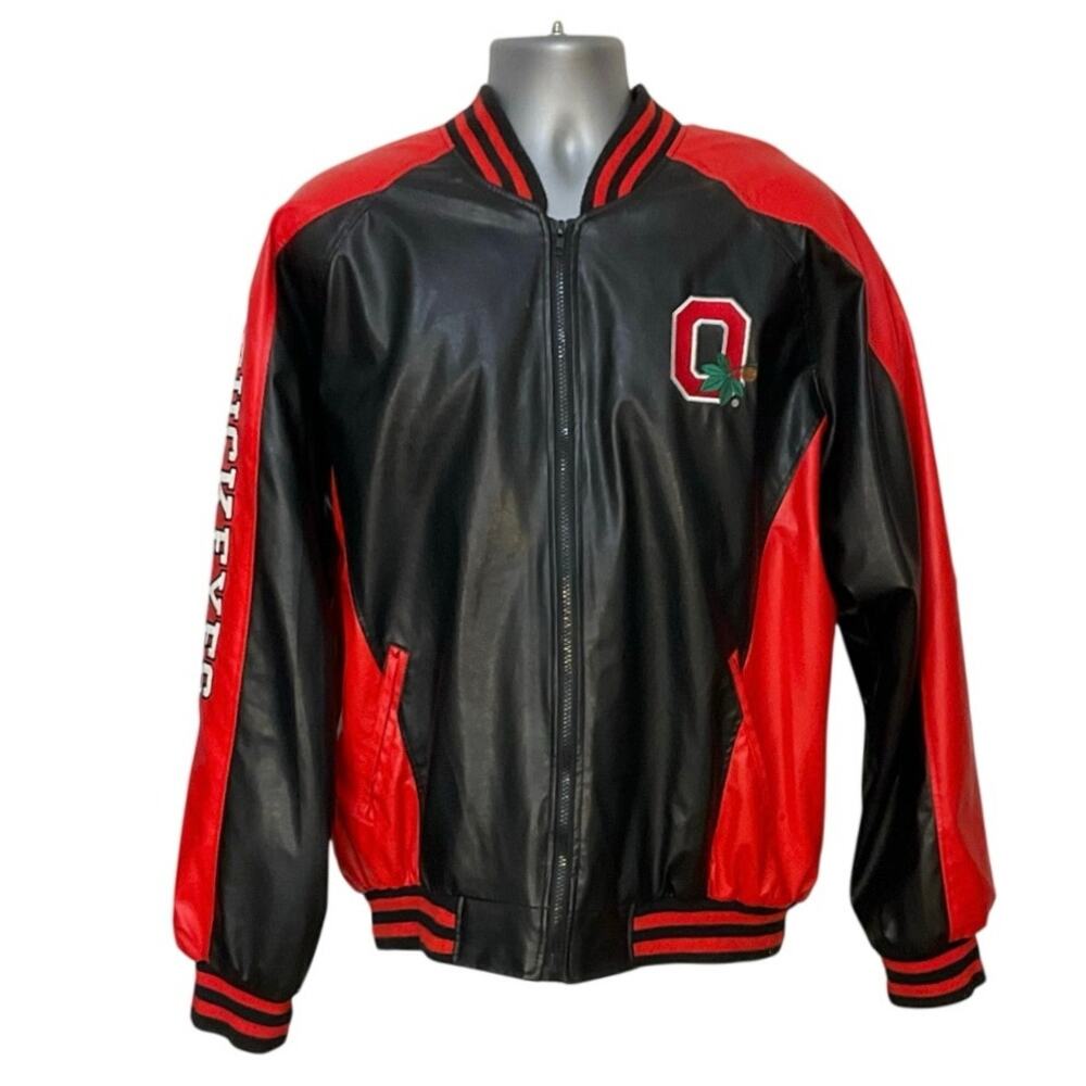 Ohio State Buckeyes Faux Leather Varsity Jacket XL Black Red Zip Bomber Vintage